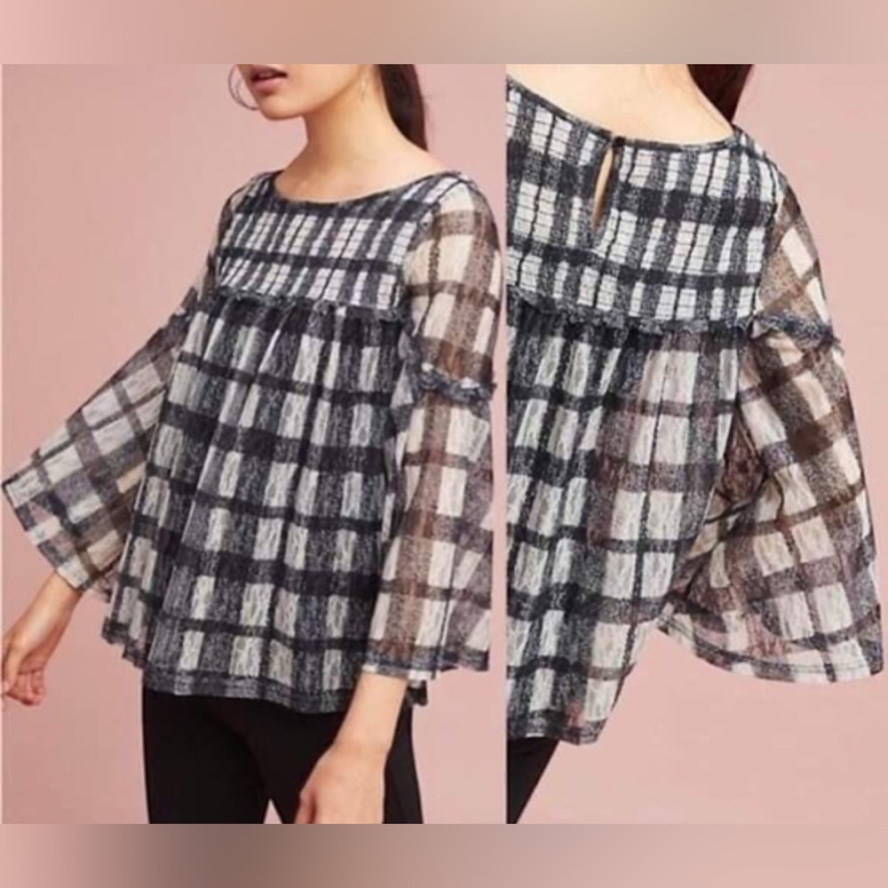 Anthropologie Akemi + Kim Patrizia Peasant Blouse Black Plaid Bell Sleeve Size S